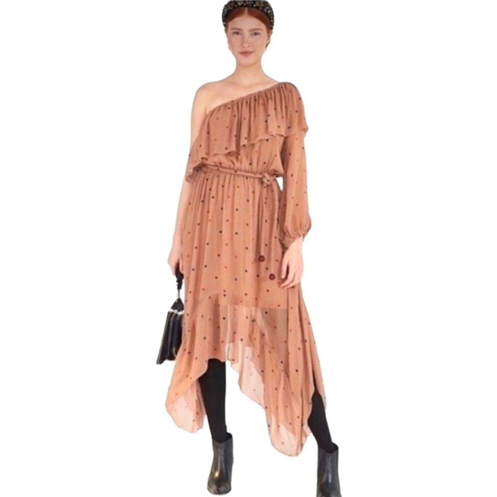 Farm Rio Beige Dot One Shoulder Dress Brown Small Nwt